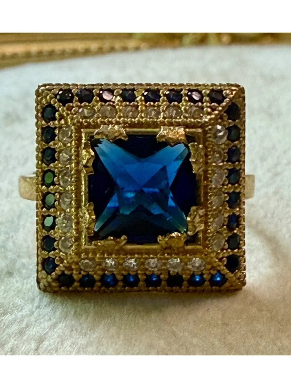 Vintage Square Blue Glass Gold-Tone Statement Ring Sterling Silver Band Size 8.9